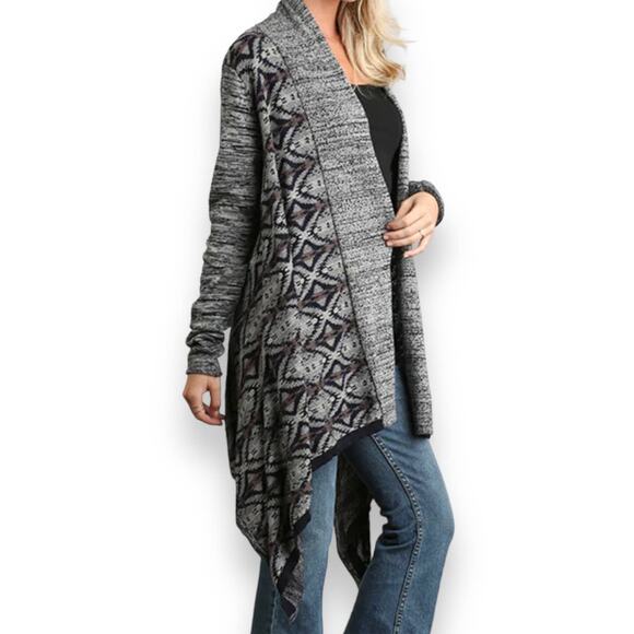 Umgee Sweater Womens Medium Navy Gray Print Waterfall Cardigan Open Front - Picture 1 of 13